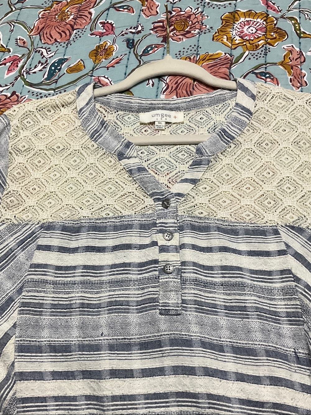 Umgee Blue and White Striped Tunic with Lace Yoke - Picture 4 of 10